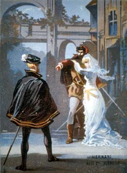 Ernani de Giuseppe Verdi, akt II, scen II. kromolitografi 1800-talet.