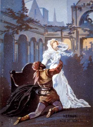 Ernani de Giuseppe Verdi Akt II, Scen IV. kromolitografi 1800-talet.