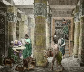 Eruditer i biblioteket i Alexandria, förstört 642, Egypten) (Utsikt över biblioteket i Alexandria, Egypten) 1800-talet (gravyr)