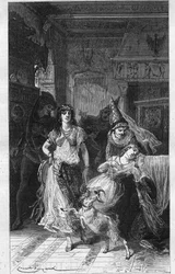 Esmeralda och Fleur de Lys (Fleur-de-Lys). Illustration av "Notre Dame de Paris" av Victor Hugo (1802-1885). Gravyr sent 1800-tal.