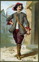 Etienne Marin Mélingue (1808 - 1875), fransk skådespelare som spelade rollen som Artagnan. Kromolitografi av 1800-talet.