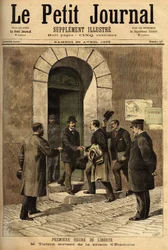 Eugene Turpin (1848-1927), kemist, uppfinnare 1884 av melinit (en sprängämne), orättvist anklagad för att ha sålt sin uppfinning till fienden, var oskyldig och befriad från Etampes fängelse. Gravyr i "" Le petit journal"" 1893-04-29. Selvas samling