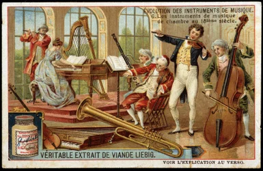 Utveckling av musikinstrument: kammarmusikinstrument på 1700-talet - chromo Liébig.
