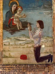 Ex-voto föreställande Madonna och barn med en man på knäna ber, Abbey of St Maria del Monte, Cesena, Emilia-Romagna, Italien