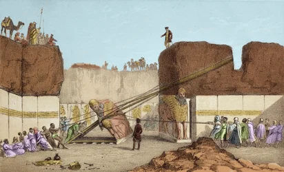 Utgrävningar i Nineve (Nineveh) - Ruinerna av Nimrud (Nimroud) av Henri Layard (efter hans resa till Mesopotamien på 1800-talet); ersättning av den stora bevingade tjuren - Transporten av en bevingad tjur från Nimrud under Sir Austen Henrys utgrävningar
