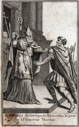 Exkommunikation: St Ambrosius av Milanos båge (Aurelius Ambrosius, Ambrogio di Milano (340-397) vägrar kyrkdörren till den romerske kejsaren Theodosius I (Flavius Theodosius) (347-395) för att straffa honom för massakern i Thessaloniki i 390. Gravyr i