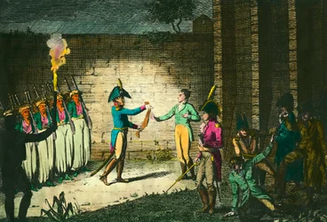 Avrättning av Louis de Bourbon, hertig av Enghien (1772-1804) den 21 mars 1804 i Vincennes, misstänkt utan bevis på konspiration mot förste konsulen Napoleon Bonaparte. Gravyr omkring 1804. Privat samling