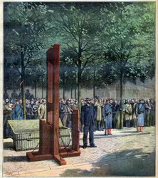 Avrättning med giljotin av mördarna från Courbevoie, Doré och Berland, framför fängelset La Roquette, Paris, 08/08/1891