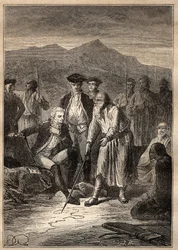 Expedition Around the World (1785-1788) av Jean Francois Galaup de La Perouse (1741-1788): sjömännen går i land på ön Saghalian (Sakhaline) möter en gammal man som ritade dem en karta över Tartaria - illustrationen hämtad från "The Great Sjömän från 1700-t
