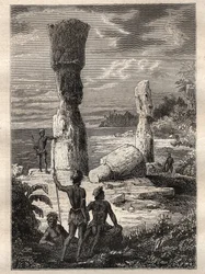 Expedition runt om i världen (1785-1788) av Jean Francois Galaup de La Perouse (1741-1788): ursprungsbefolkningen på Påskön som tittar på monumentala statyer (Moai) - illustration hämtad från "The Great Mariners of the 18th century""