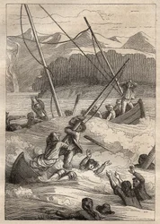 Expedition runt om i världen (1785-1788) av Jean Francois Galaup de La Perouse (1741-1788): skeppsbrott av båtarna i franskans hamn (Alaska) - illustration hämtad från "The Great Mariners of the 18th century"