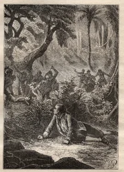 Expedition av Nicolas Thomas Marion-Dufresne (Marion Dufresne) (1729-1772): den enda överlevande sjömannen bevittnade massakern på alla sina kamrater, inklusive Marion, av infödingarna i Assassins Bay (Matuaro Island, Nya Zeeland) - illustration hämtad frå