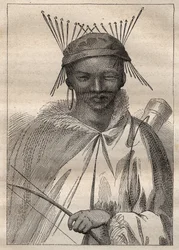 Expedition till det inre av Sydafrikas länder (1775) av Anders Sparrman (1748-1820): en boschiman (Bochiman eller San, ursprungsbefolkning i södra Afrika) - illustration hämtad från "The Great Mariners of the 18th century""