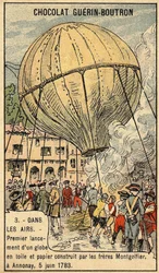 Upplevelse av den 5 juni 1783 av bröderna Montgolfier på Annonay.Chromo i slutet av 1800-talet.
