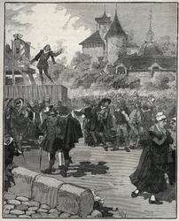 Erfarenhet av mekanisk gruvdrift av Nicolas Briot (gravör av kungariket Frankrike) (1579-1646) 1616. Gravyr från 1885 i ""Les arts et metiers illustrés"" av Adolphe BITARD.