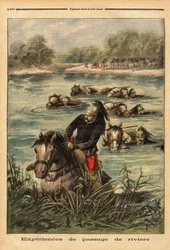 Upplevelse av flodpassage av det 7:e regementet av drakar i Fontainebleau. Gravyr i "" Le petit journal"" 1896-09-06. Selvas samling.