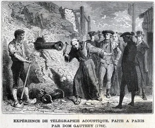 Experiment i akustisk telegrafi, gjord i Paris av Gauthey 1782, gravering från 1800-talet, Bianchetti-samlingen.