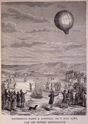 Experiment gjort på Annonay den 5 juni 1783 av Montgolfier Brothers - i "" Les Contemporains", n.d. sent 1800-tal.
