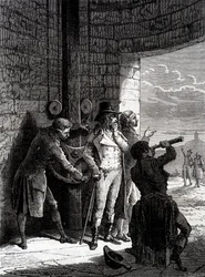 Experiment med Chappe-telegrafen som gjordes den 12 juli 1793, från Ménilmontant till Saint-Martin-du-Tertre inför konventets kommissionärer - i "" Industrins underverk"" av Louis Figuier