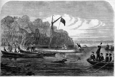 Utforskning av journalisten Henry Morton Stanley (1841-1904) på jakt efter Dr. David Livingstone (1813-1873), en brittisk läkare och upptäcktsresande i södra Afrika. Gravyr i "" The Illustrious Universe""