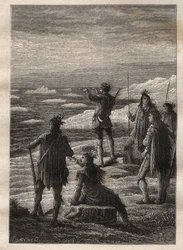 Exploration of the Great Canadian North (1769-1772) av Samuel Hearne (1745-1792): Hearne går uppför Coppermine Rivers lopp och anländer till dess mynning på Ishavet 1771 - illustration från "The Great Mariners of the 18th århundrade"