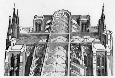 Exteriör och övre delen av Cathedrale de Chartres (28) sedan branden den 4 och 5 juni - i "Le magasin picturesque", juli 1836.
