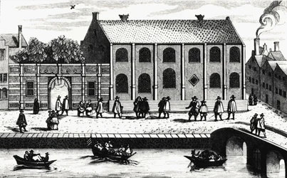 Exteriörvy av byggnaden vid universitetet i Leiden grundad 1575 av Guillaume de Nassau. Gravyr efter "" Illustrium Hollandiae, etc, Ordinum, Alma academia Leydensis""