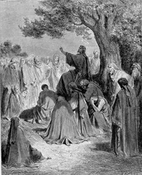 Utdrag ur Matteusevangeliet. Jesus Kristus predikar inför skaran av sina lärjungar. Gravyr av 1800-talet.