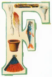 F: gaffel, flöjt, tratt, blomkruka, fjäder, fisk, fläkt (färg litho)