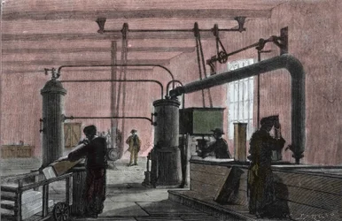 Fabrik för tillverkning av is med systemet av Ferdinand Carre (1824-1894). Gravyr av 1800-talet.