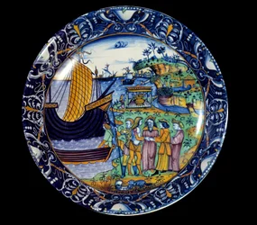 Fajansfat som representerar Enees ankomst till Delos mottaget av kung Arius. 1497 Sevres, National Renaissance Museum