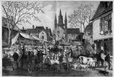 Mässa i Bretagne på torget i en by. Gravyr i "" Le Monde Illustré""