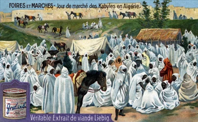 Mässor och marknader: Kabylmarknadsdag i Algeriet. Kromolitografi, Liebig-bild.