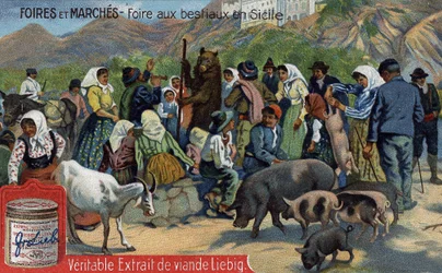 Mässor och marknader: boskapsmässa på Sicilien. Kromolitografi, Liebig-bild.