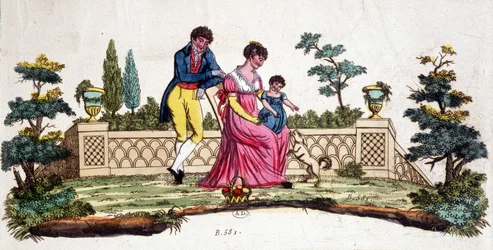Familj i en park. Gravyr från början av 1800-talet.