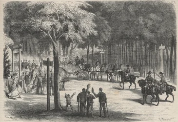 Familjevistelse i Fontainebleau: utflykt för sina majeser till ruinerna av Franchart. Ett bröllop välkomnar kejsar Napoleon III (1808-1873) och hans familj. Gravyr i "The Universe illustrious"
