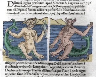 Fantastiska varelser: En vattensalamander och en siren sett i Nilen. Gravyr från "Le livre des prodiges" (Chronicle of the prodigals and portents of Basileae) av Wolfhart (Conrad Lycosthene) 1557