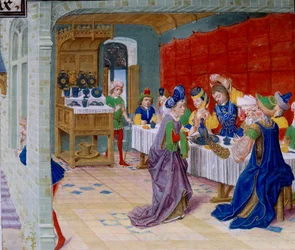 Festmåltidsscen, en påfågel serveras på bordet. Miniatyr hämtad ur “La Vraye Histoire du Bon Roy Alixandre” av Kallisthenes, eller Kallisthenes (ca 360-328 f.Kr.)