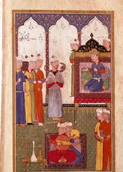 Fest anordnad av sultanen med ormtjusare och miniatyrmusiker från ett 1500-talsmanuskript. Venedig, Biblioteca Marciana