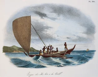 Fijiansk segelkanot, färggravyr