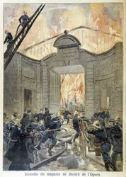 Brandkårsingripande under branden av operans inredningsbutik. illustration av "Petity Journal" 1894.