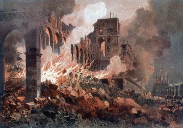 Finansministeriets brand (vid tiden i Tuilerierna) den 24 maj 1871 - litografi, sent 1800-tal