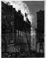 Fire of the Opera Comique (Opera-Comique) i Paris sett från Rue Marivaux och Boulevard des Italians den 26 maj 1887. Gravyr i "" Le monde illustrious""