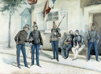 Brandmän framför deras baracker 1870