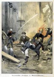 Brandmän ingriper under en brand vid Usine i Saint Denis. Illustration av "Petity Journal" från 1899.