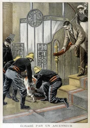 Brandmän som räddar en man kraschar vid en hiss i en byggnad i Paris. Illustration av "Little Journal" från 1899.