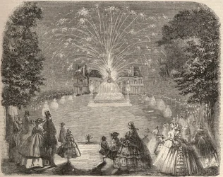 Fyrverkeri och illumination av slottet Maisons-Laffitte (Maison-Laffitte) på kvällen under jordbrukskommitténs tävling. Gravyr i "Le Monde illustré" från 1857. Privat samling.