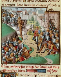 Första korståget: "" Erövringen av Antiokia"" Slaget utkämpades under Antiokias murar mellan Bohemonds korsningsorder och Karboukas armé, generalen för Sultanen av Persien i juni 1098. Miniatyr i "" Le miroir historial"" (Speculum) Historia) (ms.