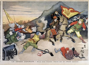 Första kinesisk-japanska kriget - kinesisk-japanska kriget: ta en kinesisk flagga av en japansk officer - i "Le Petit Journal" av 1894-10-29 (gravyr)
