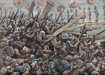 Första världskriget: Tyska armén vid slaget vid Yser oktober 1914 Illustration från "Le pelerin" 29 november